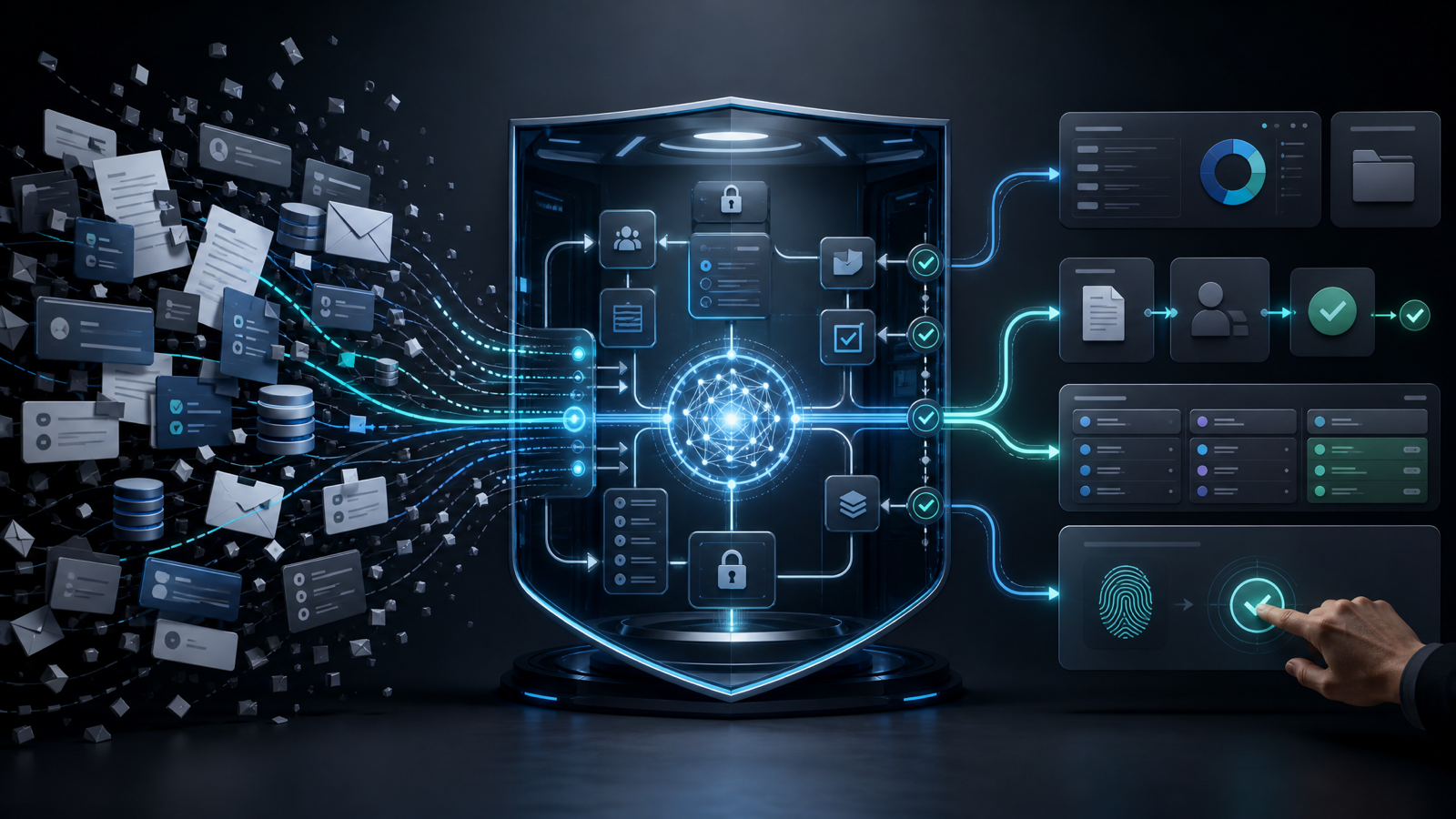 Business documents, messages, and records flowing into a secure AI workflow hub, then out to verified dashboards, approvals, and business outcomes.